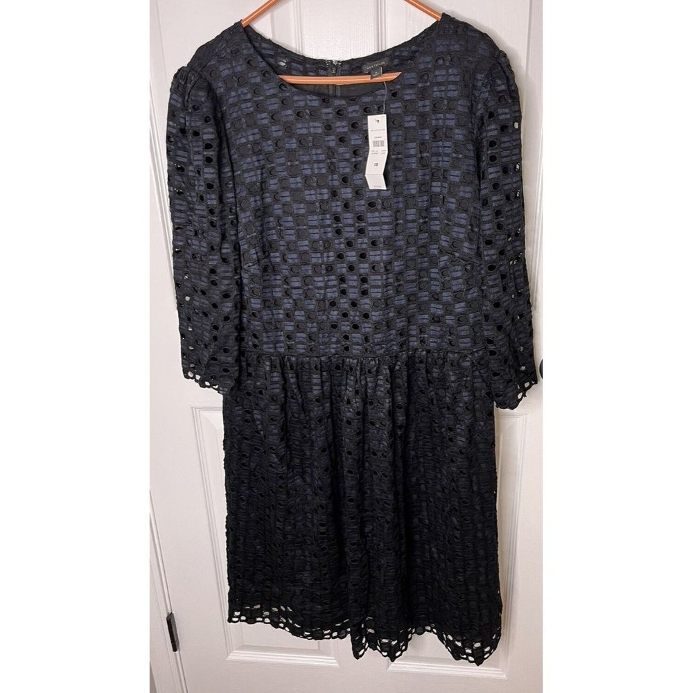New Ann Taylor Cut Out Dress Navy Black 3/4 Sleeves Women's Size 18 Lined Zip